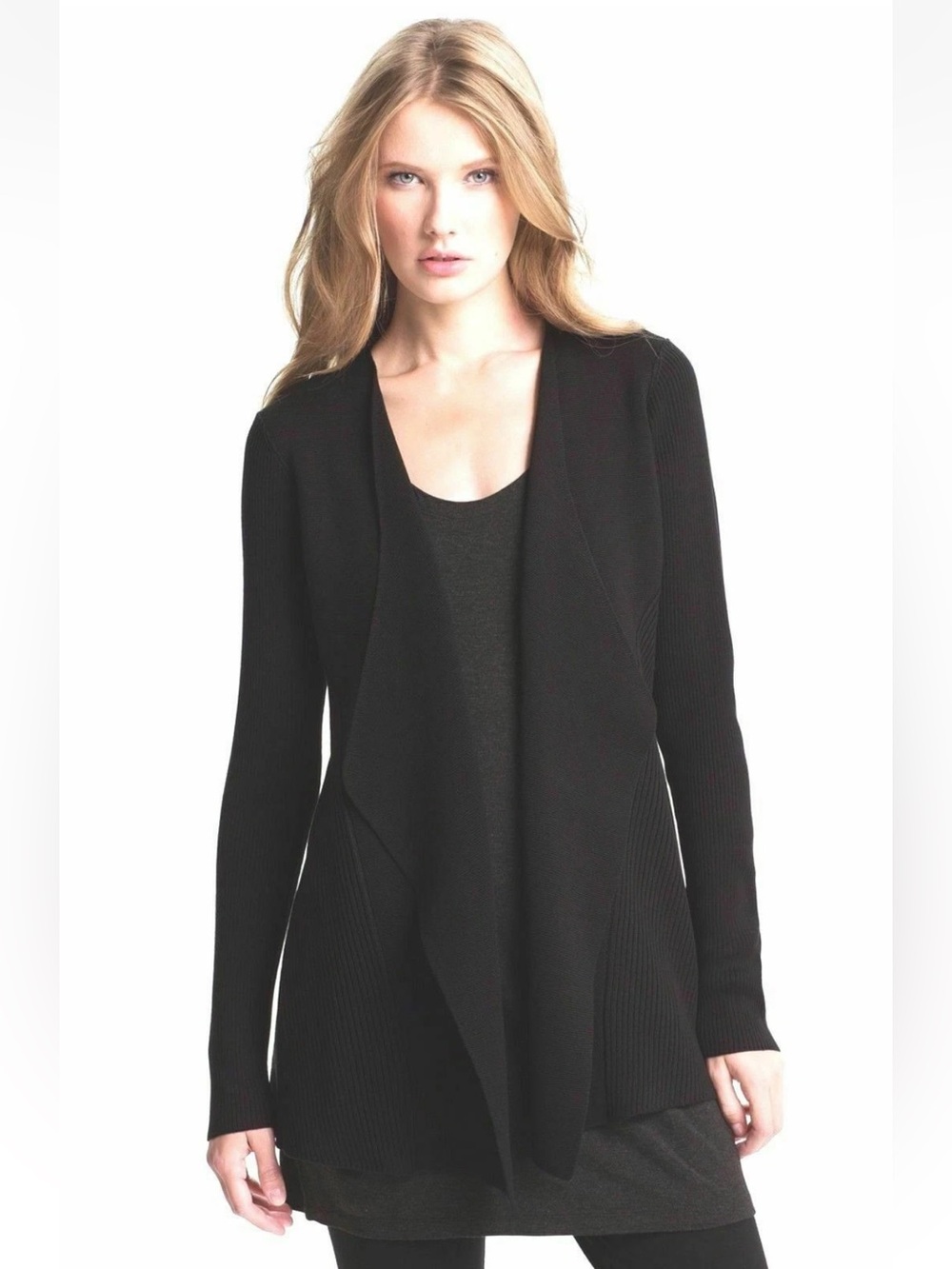 Eileen Fisher Women Small Black 100% Wool Open Front Draped Cardigan Sweater